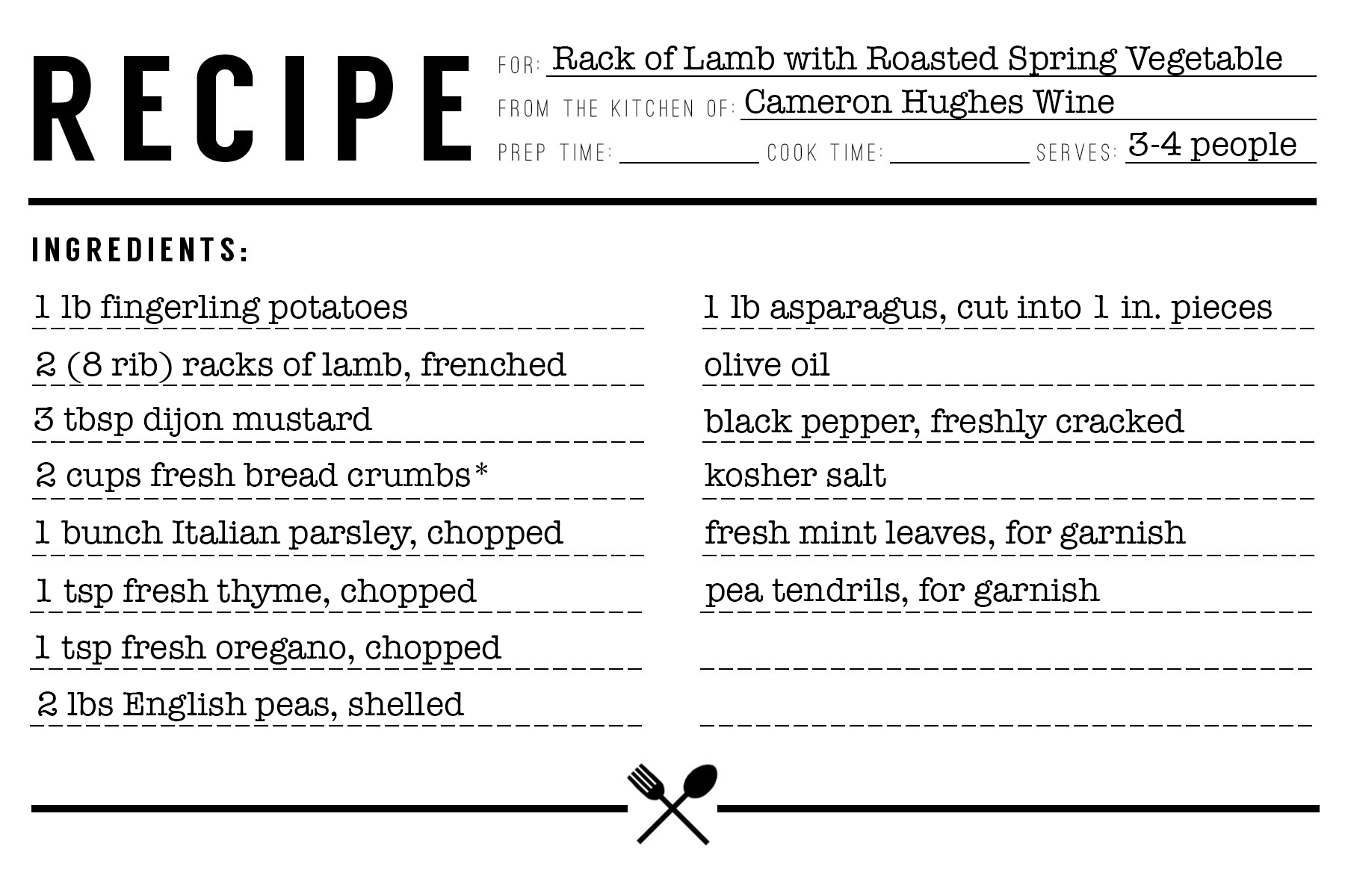 Recipe Index Card for Rack of Lamb with Roasted Spring Vegetable