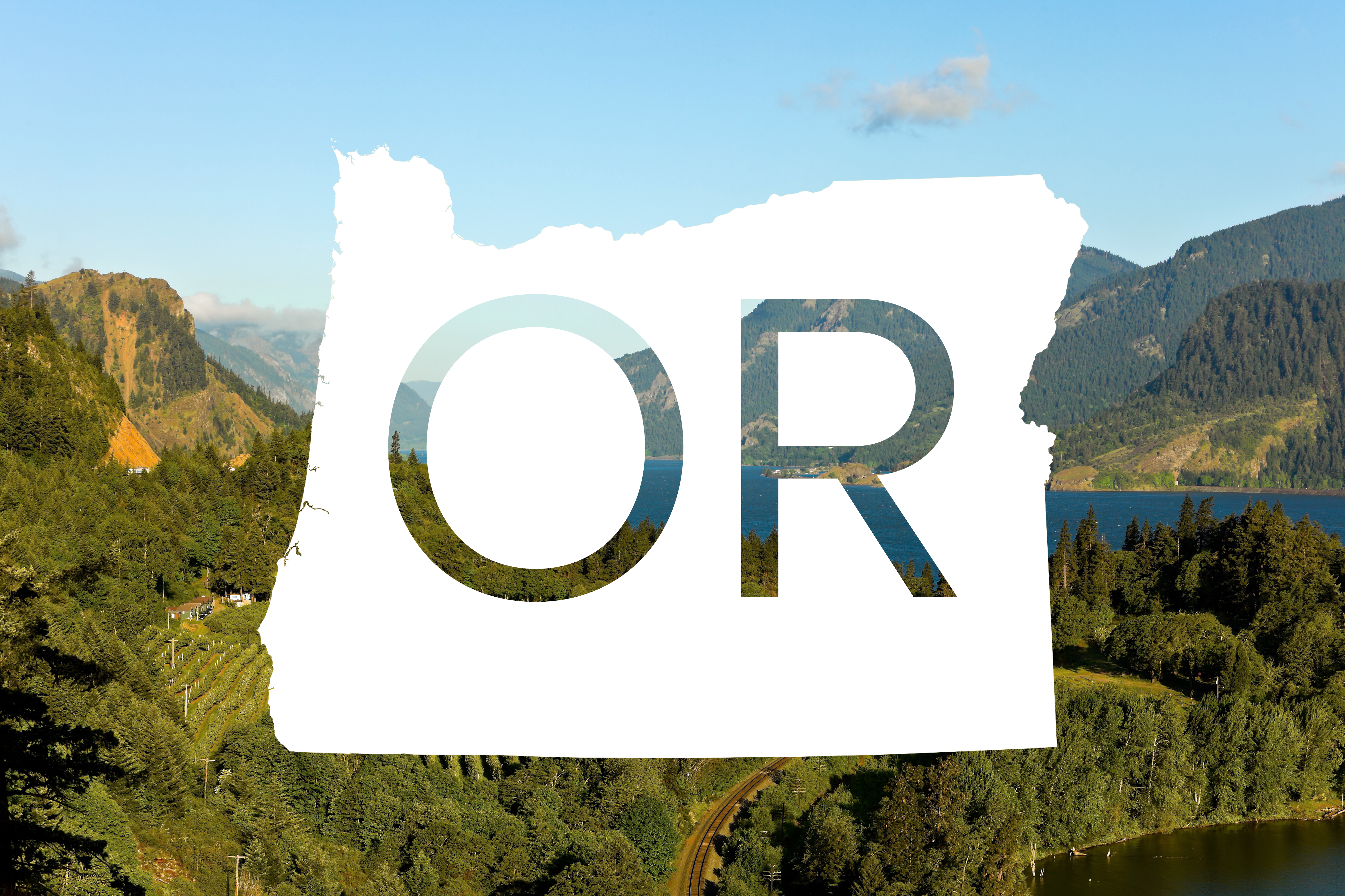 State of Oregon with "OR" overlaid on a vineyard photograph