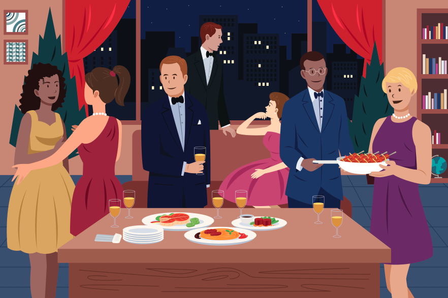 Animation of guests enjoying a formal dinner party with wine