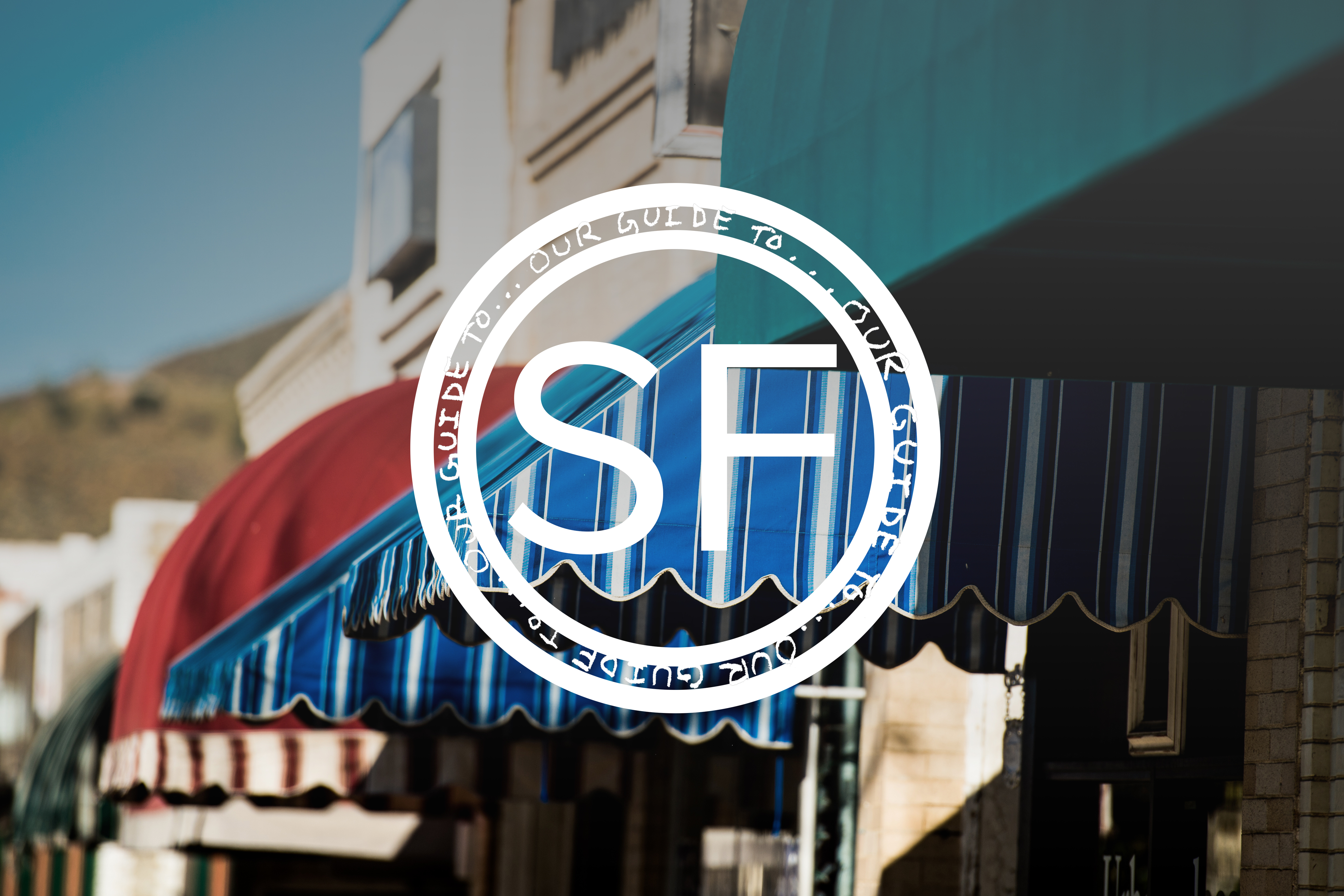 Logo with "SF" on it showing a storefront on a busy street