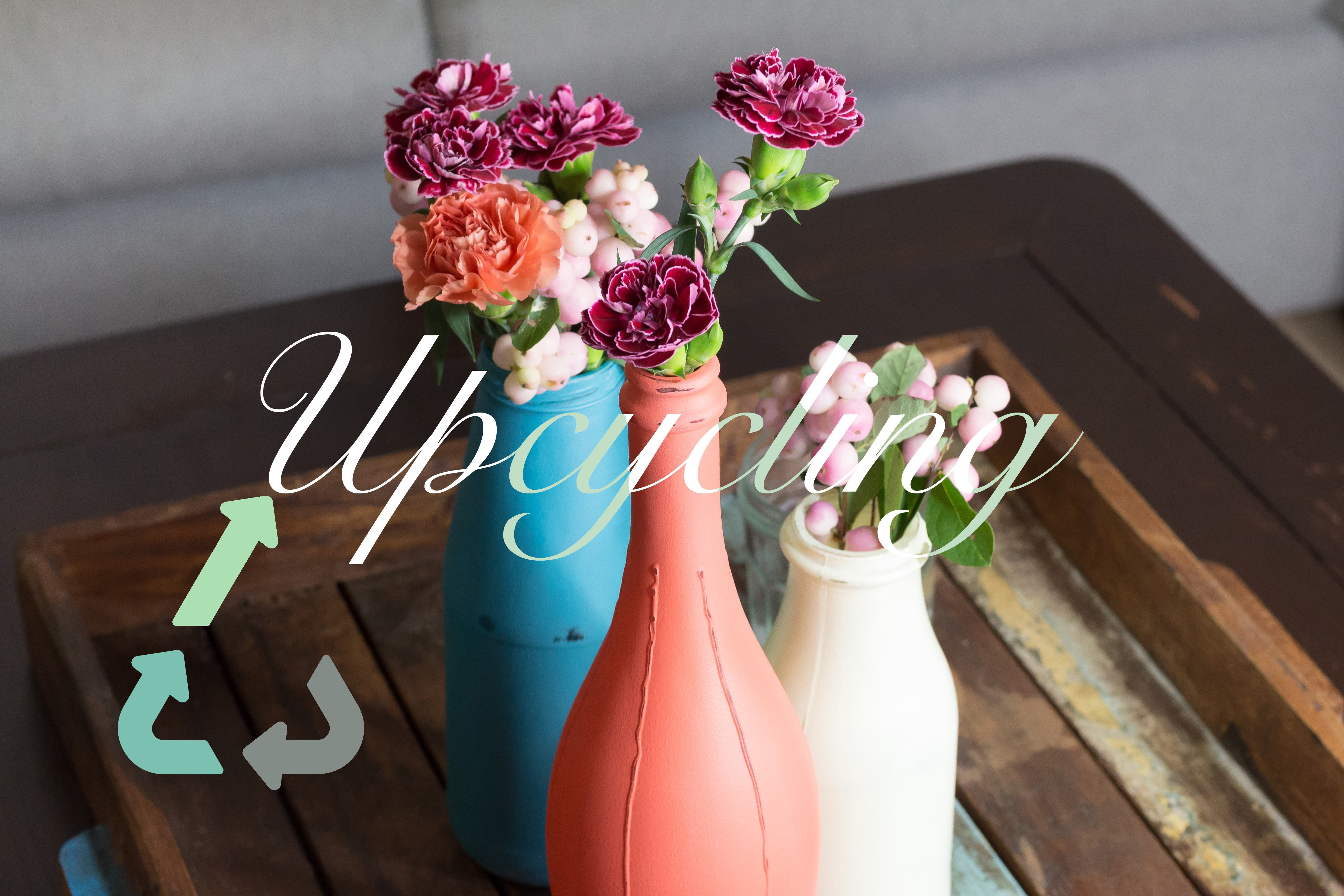 Chalk Paint Vase with flowers and the word Upcycling on it