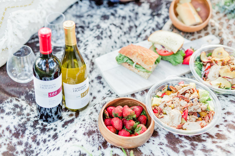 Cameron Hughes red and white wines paired with sandwiches and snacks from a glamping lunch
