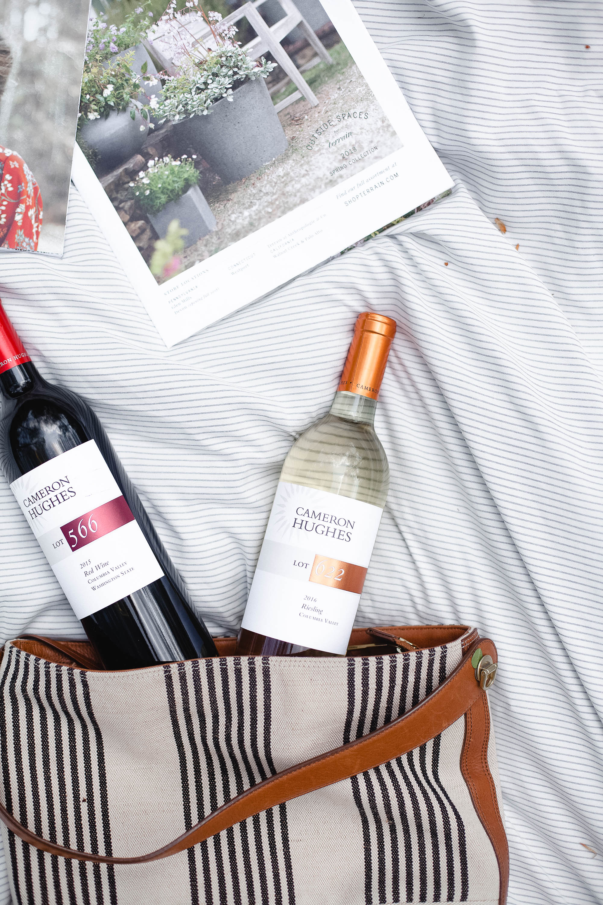 Wine enjoyed with a magazine outdoors on a picnic blanket