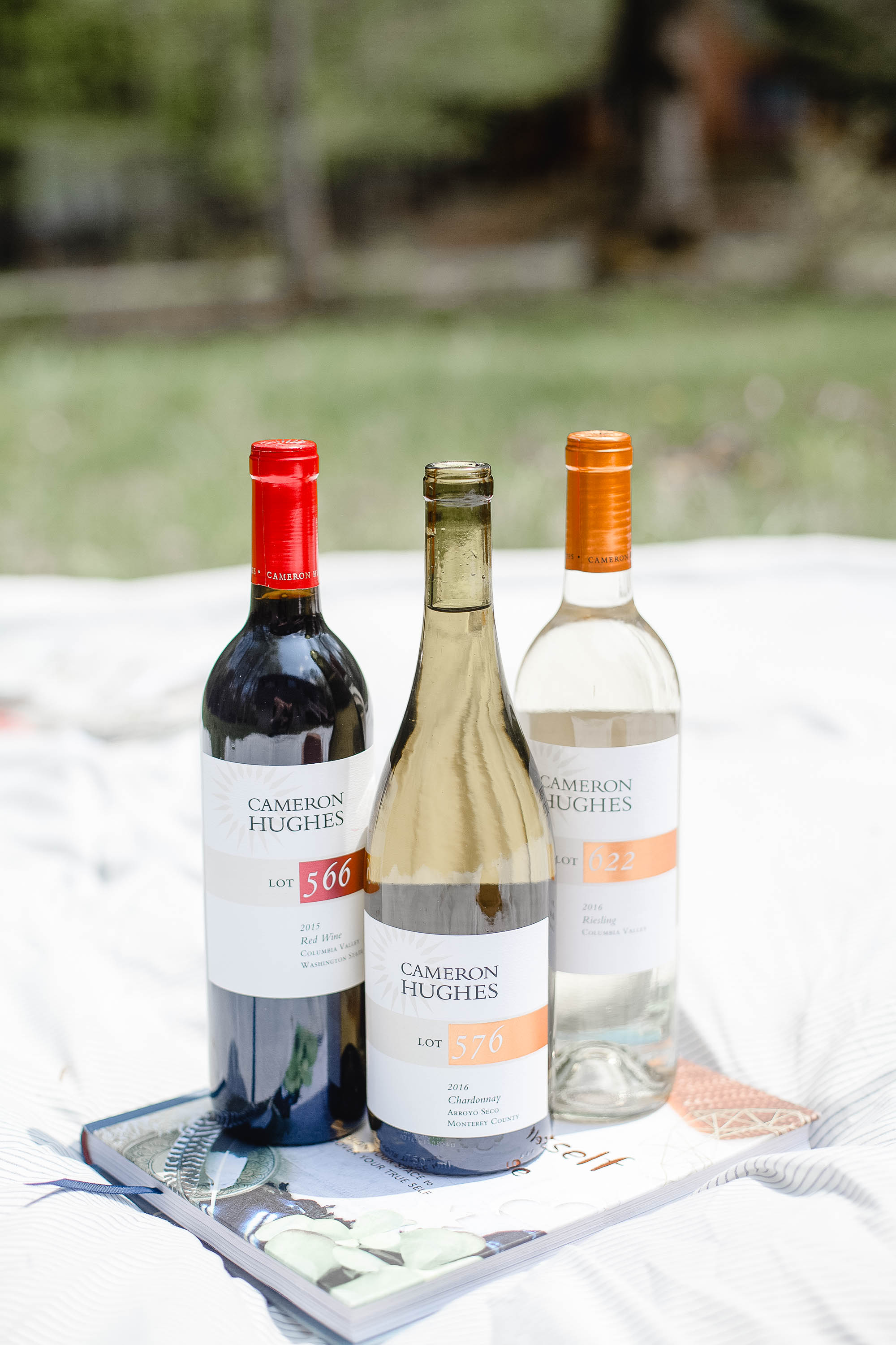 Three bottles of Cameron Hughes wine on a picnic blanket outdoors