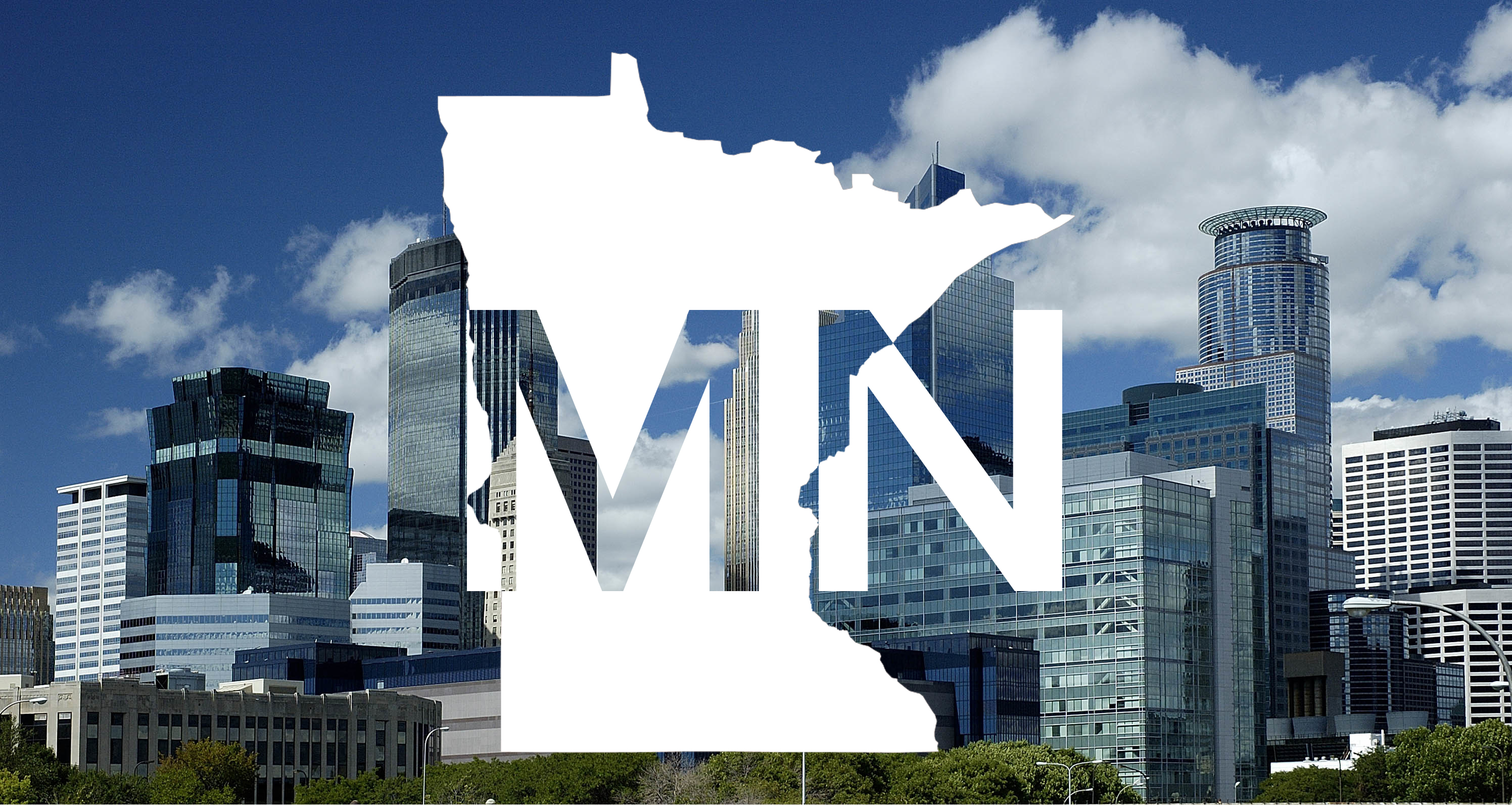 MN overlaid on top of a silhouette of the state of Minnesota
