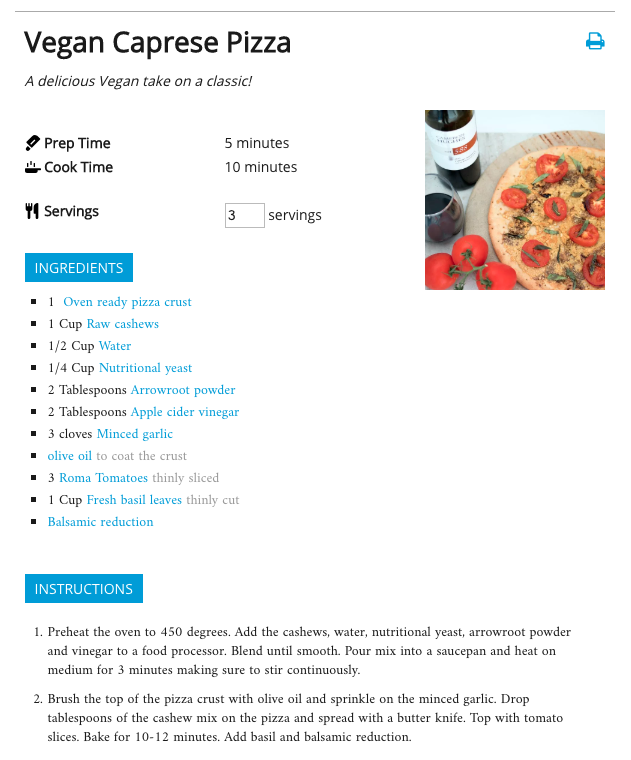 Recipe card for vegan caprese pizza