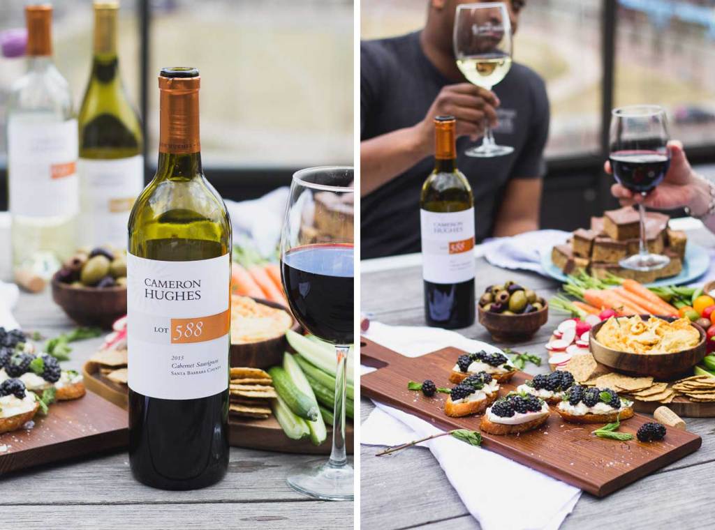 Split photo showing scenes of Cameron Hughes wine being paired with food