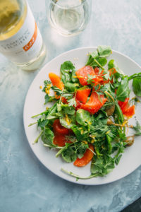 Prepared and plated Gravlas salad with Cameron Hughes white wine