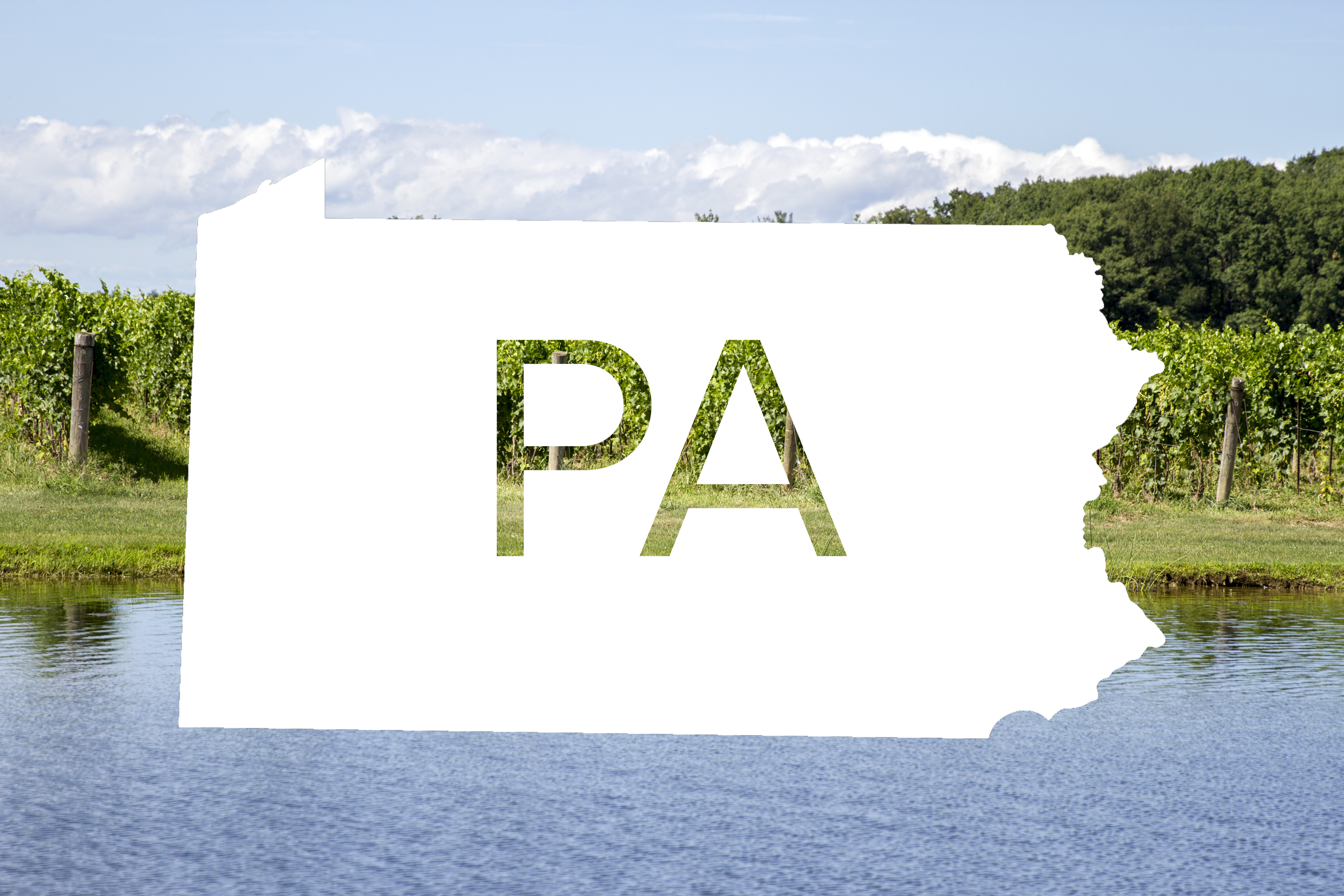Silhouette of Pennsylvania state with "PA" on it, overlaid on a Pennsylvania winegrowing region
