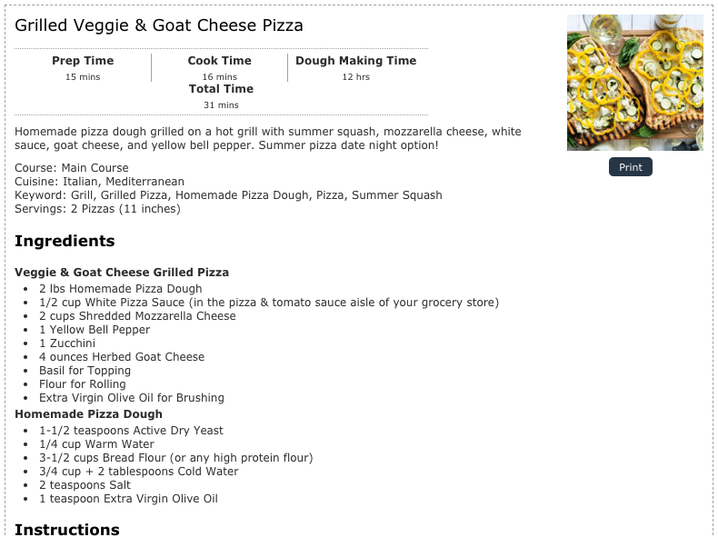 Grilled Veggie & Goat Cheese Pizza recipe card