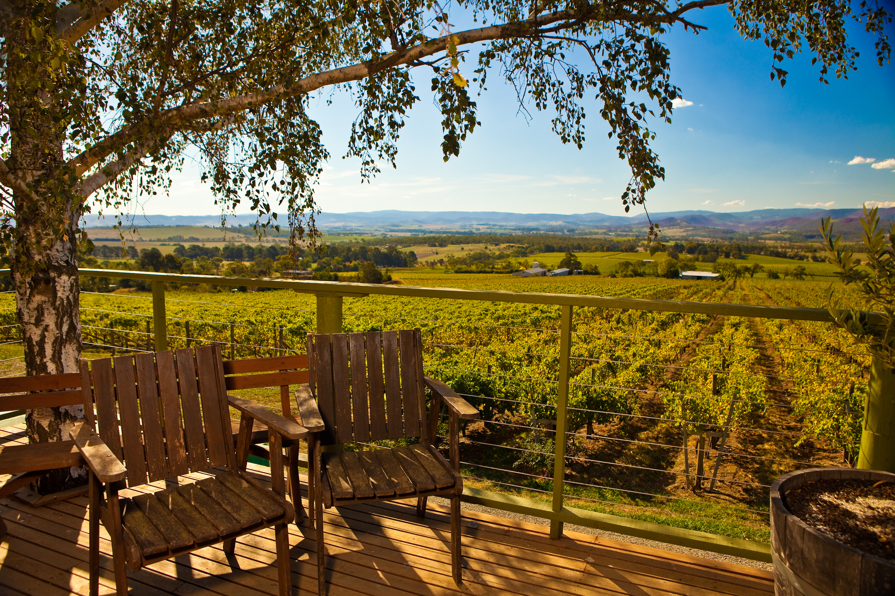 Southern hemisphere winery Warramante Winery Porch with view of Vineyard in Yarra Valley, Australia