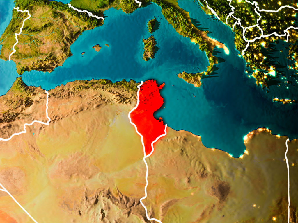 Map showing Tunisia highlighted in red in northernmost Africa