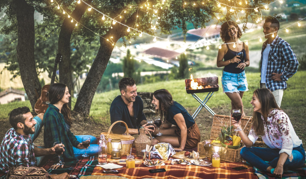 A picnic under lights during daylight with friends enjoying red wine on a blanket covering the lawn