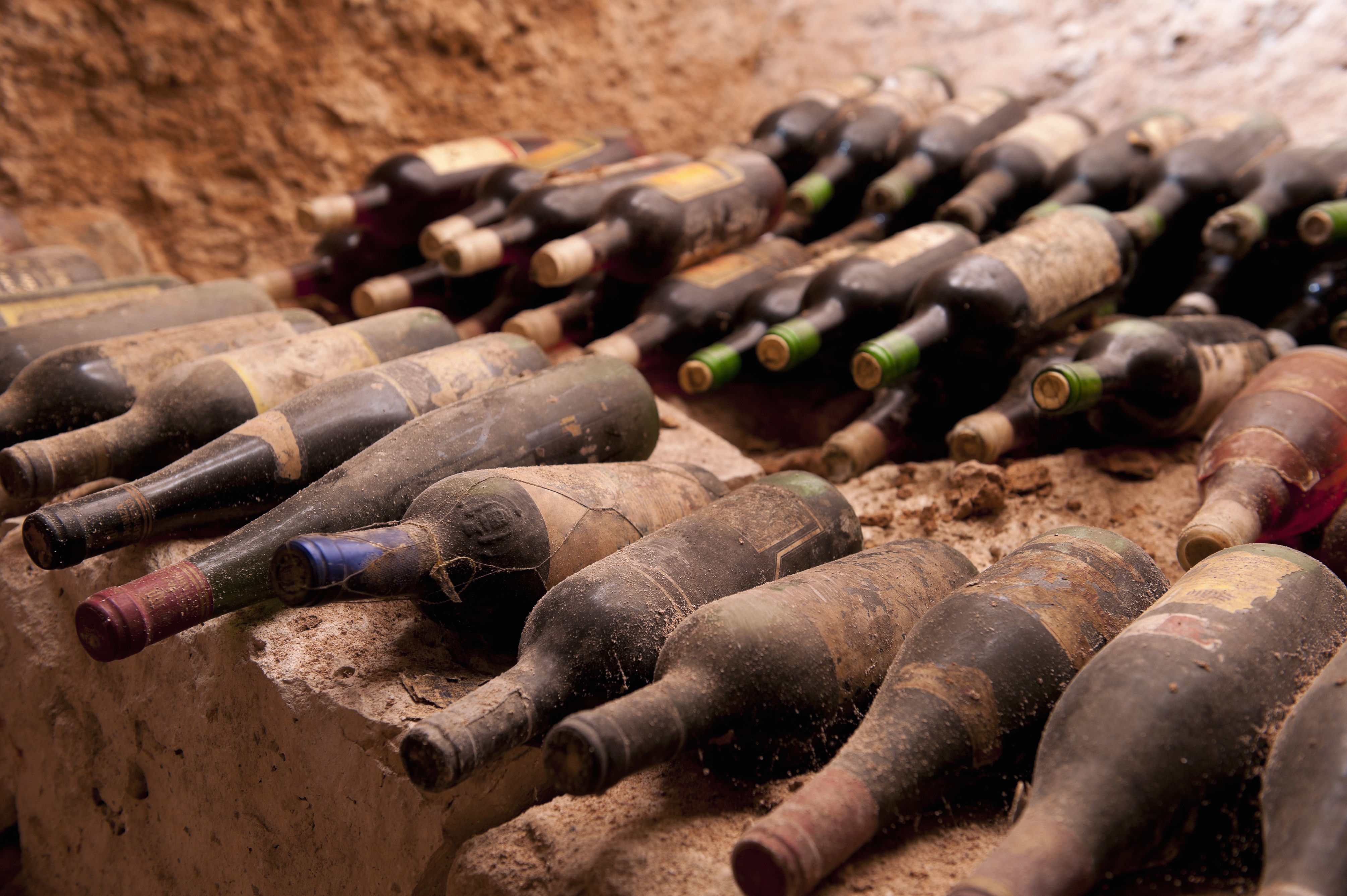 Ancient cellar showing numerous red wine bottles covered in ages of dust