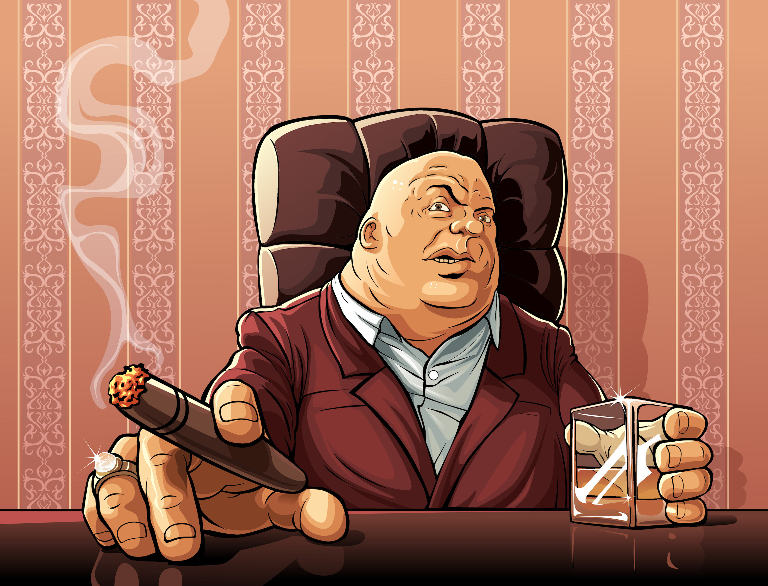 Cartoon graphic showing a man with a ring, smoking a cigar, and enjoying wine in a square glass