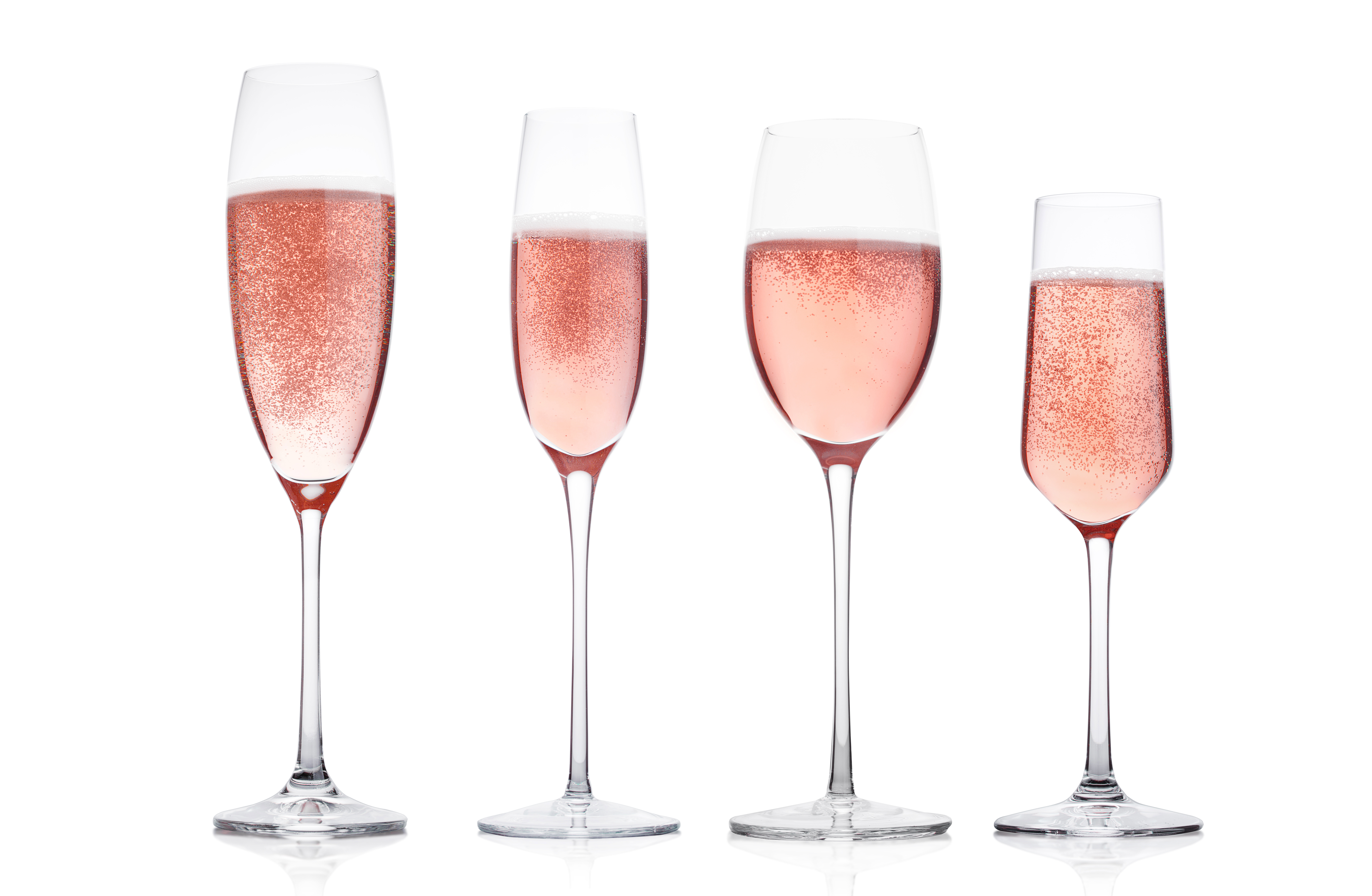4 Varying designs of wine glasses fill with bubbly Pink Prosecco